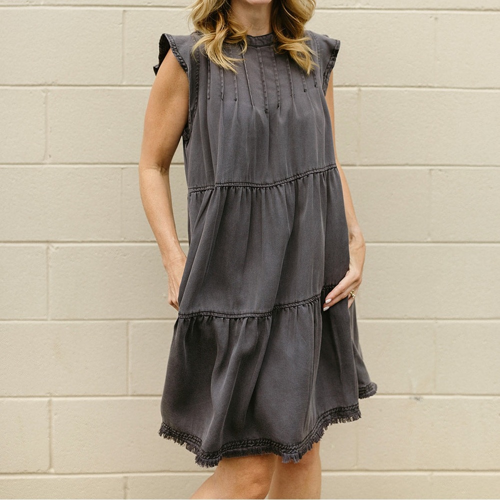 By Anthropologie Jenee Tiered Ruffled Tunic Shirt Dress Chambray Gray Small